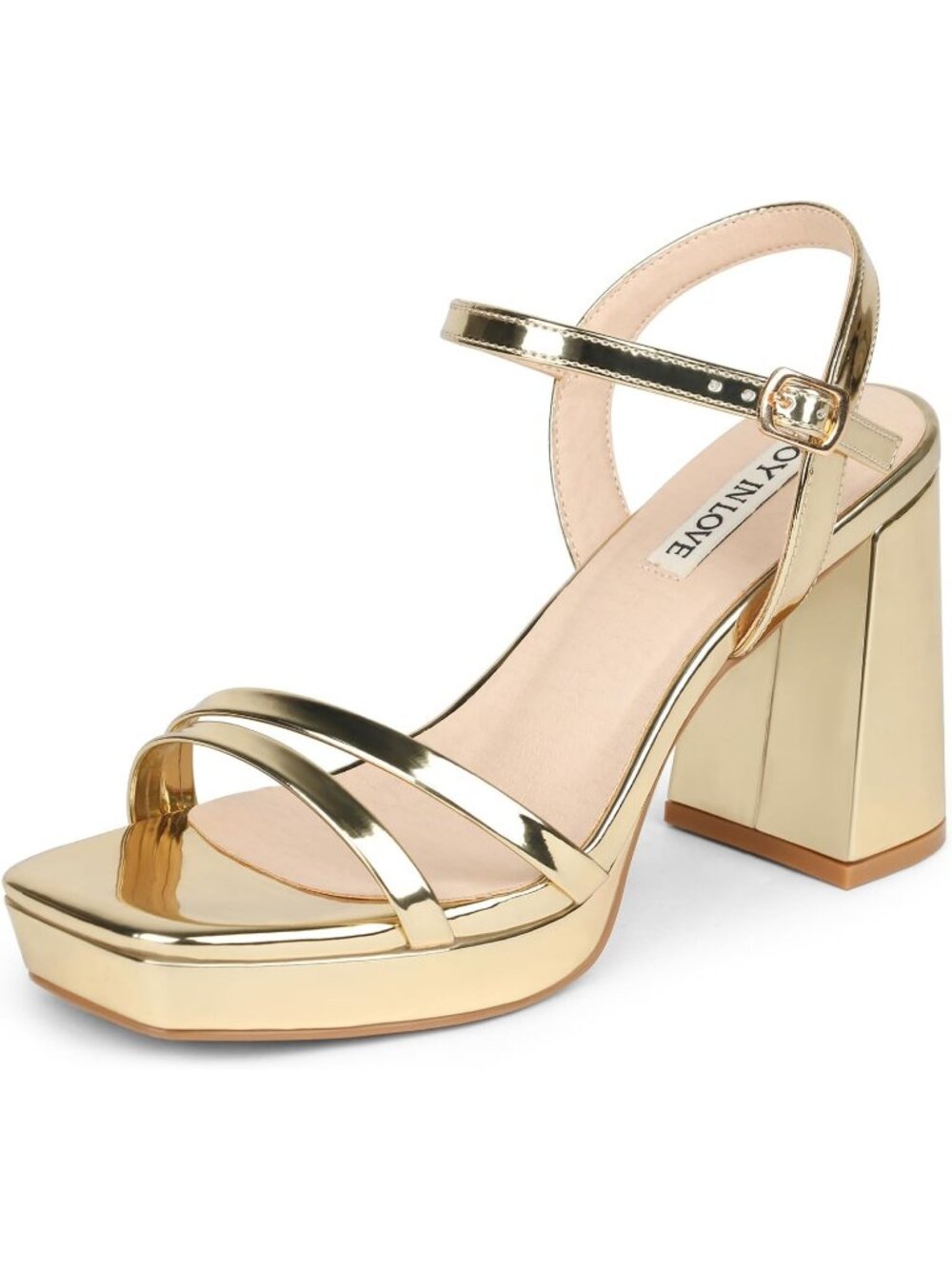 Women's Gold Patent Ankle Strap Square Open Toe Chunky Block Heel Dress Sandals